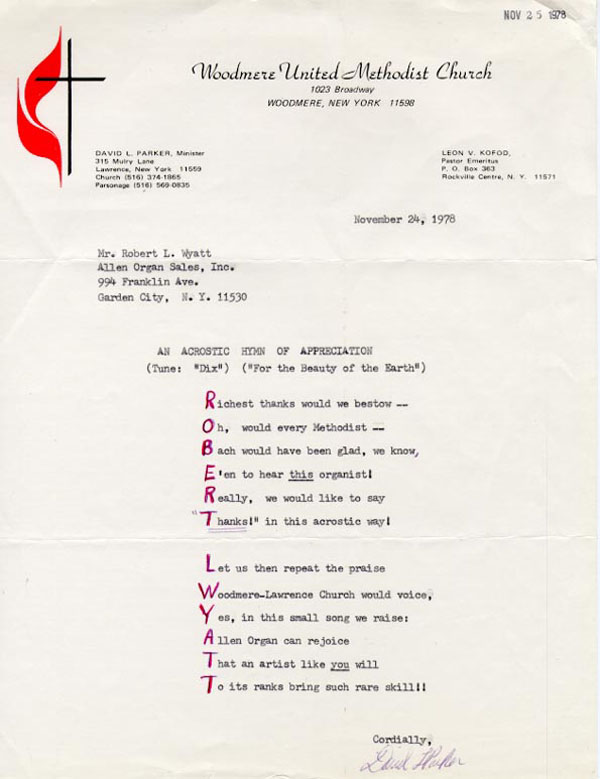 Letter of endorsement from Woodmere United Methodist Church
